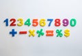 Colorful magnetic numbers and math symbols on white background