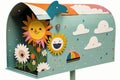 a colorful mailbox with a bouquet of flowers and a depiction of the local weather