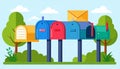 Colorful mailboxes on posts, arranged in a row, with an envelope Royalty Free Stock Photo