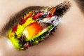 Colorful make-up on close-up eye. Art beauty image.