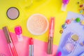 Colorful make up flat lay scene