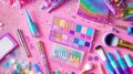 Sparkling Makeup Flat Lay Eyeshadow Palette, Brushes, Glitter, and Cosmetics on Pink Background Royalty Free Stock Photo