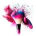 Colorful Makeup Brush with Powder Splash on White Background Generative AI Royalty Free Stock Photo