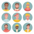 Colorful Male Faces in Circle Icons Set. Bundle of different female people avatars. Collection of colorful user