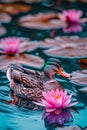Colorful Mallard Duck Swimming in a Tranquil Pond with Pink Water Lilies and Vibrant Reflections Royalty Free Stock Photo