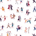 Colorful man and woman dancers performing Lindy hop or Swing seamless pattern. Pairs dancing together on white