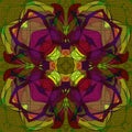 FLOWER MANDALA. ABSTRACT TEXTURED BACKGROUND IN GREEN. COLORFUL IMAGE IN YELLOW, GREEN, PURPLE, VIOLET, FUCHSIA AND ORANGE