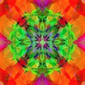 COLORFUL MANDALA FLOWER. CENTRAL ORNAMENTAL SHAPE IN GREEN, PURPLE, BLUE. ABSTRACT BACKGROUND