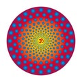 Colorful mandala in red, purple, yellow, blue colors from circles with a red  Aum / Ohm / Om sign in the center. Royalty Free Stock Photo