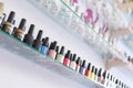 Colorful manicure nail polish bottle collection set on shelf