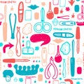 Colorful Manicure tools hand drawn vector seamless pattern with lettering and hand drawn make up items