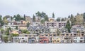 Colorful mansions in the city of Seattle located at Union Lake - SEATTLE / WASHINGTON - APRIL 11, 2017 Royalty Free Stock Photo