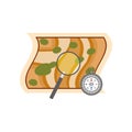 Map with magnifying glass showing place for archaeological excavation and compass. Archeology symbols. Flat vector Royalty Free Stock Photo