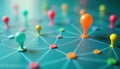 Colorful map pin interactions shows visual customer journey mapping. Network design illustrates client journey, engagement. Royalty Free Stock Photo