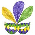 Colorful Mardi Gras carnival mask decorated with yellow, green and violet feathers.