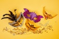 Colorful Mardi Gras masks on yellow background