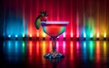 Colorful margarita cocktail,strawberry garnish,backdrop of illuminated dance floor at night