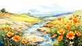 Colorful Marigold Landscape: Illustrated Stream And Orange Flowers Royalty Free Stock Photo