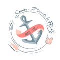 Colorful marine design with marine anchor , flowers, chain frame and lettering elements. Quote Seaman, born to be free