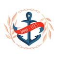 Colorful marine design with marine anchor , flowers, chain frame and lettering elements. Unique t-shirt or bag design