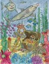 Colorful Marine Fantasy illustration of anchor, chest with treasures and sharks. Nautical vintage drawings, t-shirt and tattoo