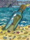 Colorful Marine Fantasy illustration of glass bottle with message on the seashore. Nautical vintage drawings, t-shirt and tattoo