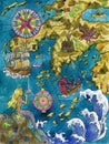 Colorful Marine Fantasy illustration of of old pirate map of treasure hunt with sailing ship, beautiful mermaid, compass and