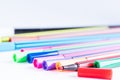 Colorful marker pens set. Kids vivid painting tools, various color palette. Composition with markers on white background. Rainbow