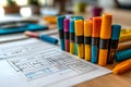 colorful markers arranged in a row next to a hand-drawn website wireframe layout on a wooden table in a creative workspace Royalty Free Stock Photo