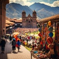 Colorful marketplace in Cusco with backpackers and Machu Picchu backdrop