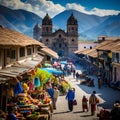 Colorful marketplace in Cusco with backpackers and Machu Picchu backdrop