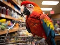 Macaw with mini cart shopping for food