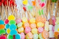 Colorful marshmallow and fruit jelly on sticks Royalty Free Stock Photo