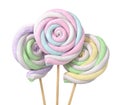 Colorful marshmallows in form of spiral on the sticks. Royalty Free Stock Photo