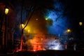 Colorful mascleta full of firecrackers and fireworks with lots of smoke and sparks