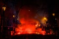 Colorful mascleta full of firecrackers and fireworks with lots of smoke and sparks