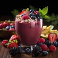 Colorful matcha smoothie with berries and chia seeds