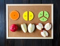 Colorful math fractions on brown wooden background or table. interesting math for kids. Education, back to school concept Royalty Free Stock Photo