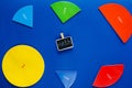 Colorful math fractions on classic blue background. Interesting, fun math for kids. Education,