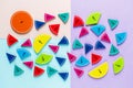 Colorful math fractions on the pink blue violet bright backgrounds. Interesting math for kids. Education, back to school concept.