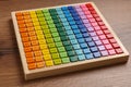 Colorful math game kit with arithmetical tasks on wooden table Royalty Free Stock Photo