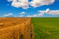 Colorful meadow and straw field with blue cloudy sky. Picture with green grass, yellow golden straw in thirds with the blue sky. Royalty Free Stock Photo