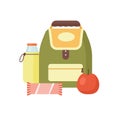 Colorful meal for kids vector flat illustration. Cartoon school backpack, bottle with beverage, sweet and apple isolated
