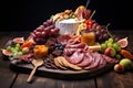 Colorful Meat cheese fruits tray. Generate Ai