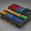 Colorful mechanical components are neatly arranged in a grid-like pattern, creating a Royalty Free Stock Photo