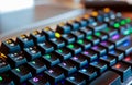 Colorful mechanical gaming keyboard close up shot,