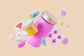 Medical empty bottles with pills and vitamins flying, health treatment Royalty Free Stock Photo