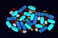 Sketchy drawing illustration of medical pills on colorful background