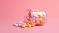 Colorful medicine tablets on the table and in medicine jar isolated on pink background, healthcare concept close up shot. Royalty Free Stock Photo