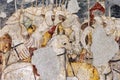 Colorful medieval fresco of soldiers with horses